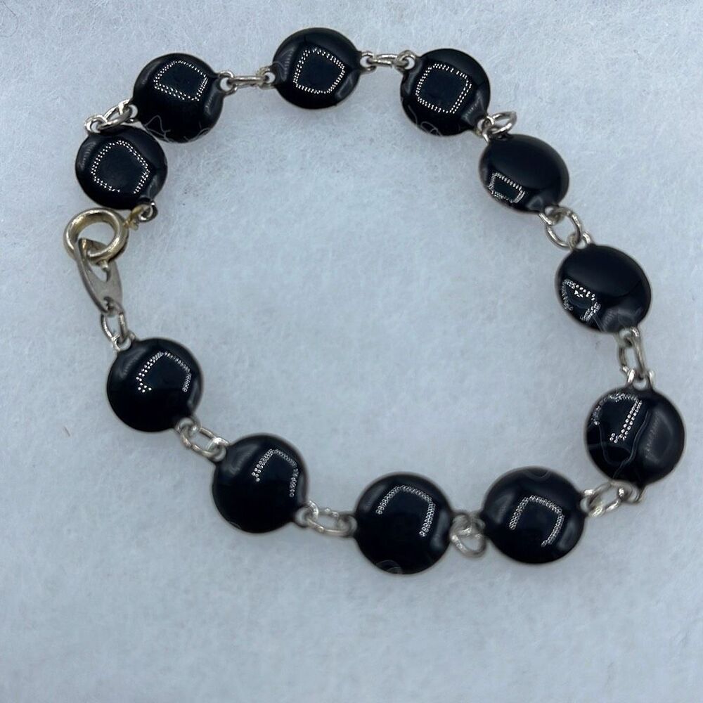 Vintage black enamel disk  link bracelet.